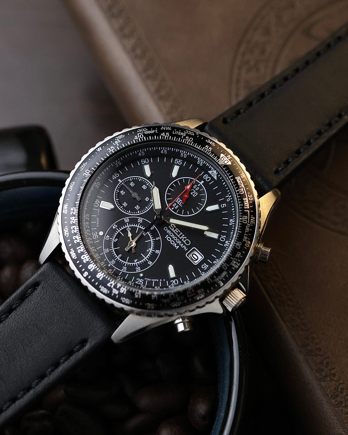 Seiko Flightmaster 7T92-0CF0 Chronograph Black Dial Aviator's wrist watch for sale
