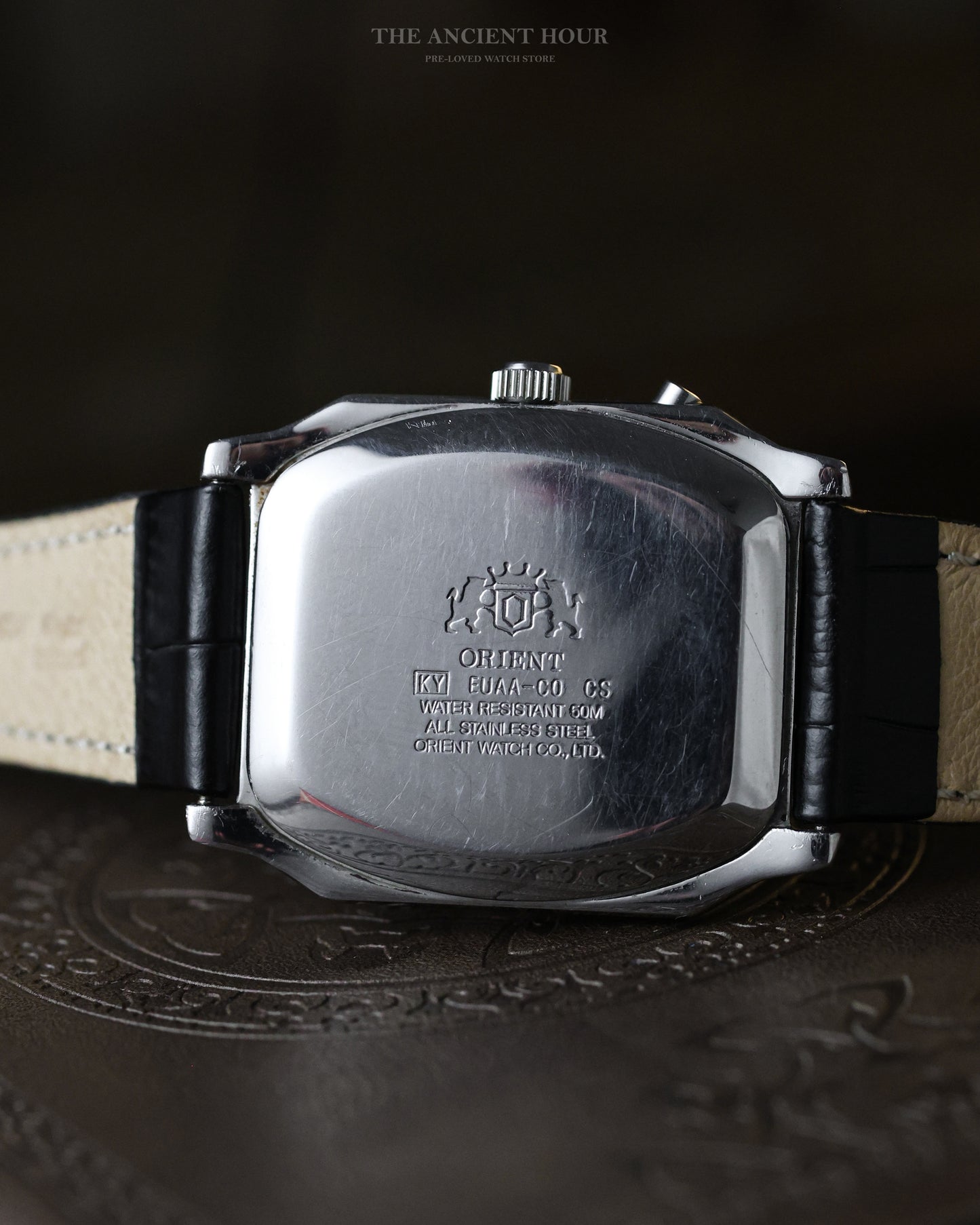 VINTAGE ORIENT MULTI-YEAR CALENDAR FACETED TANK “SUNBURST” SILVER DIAL