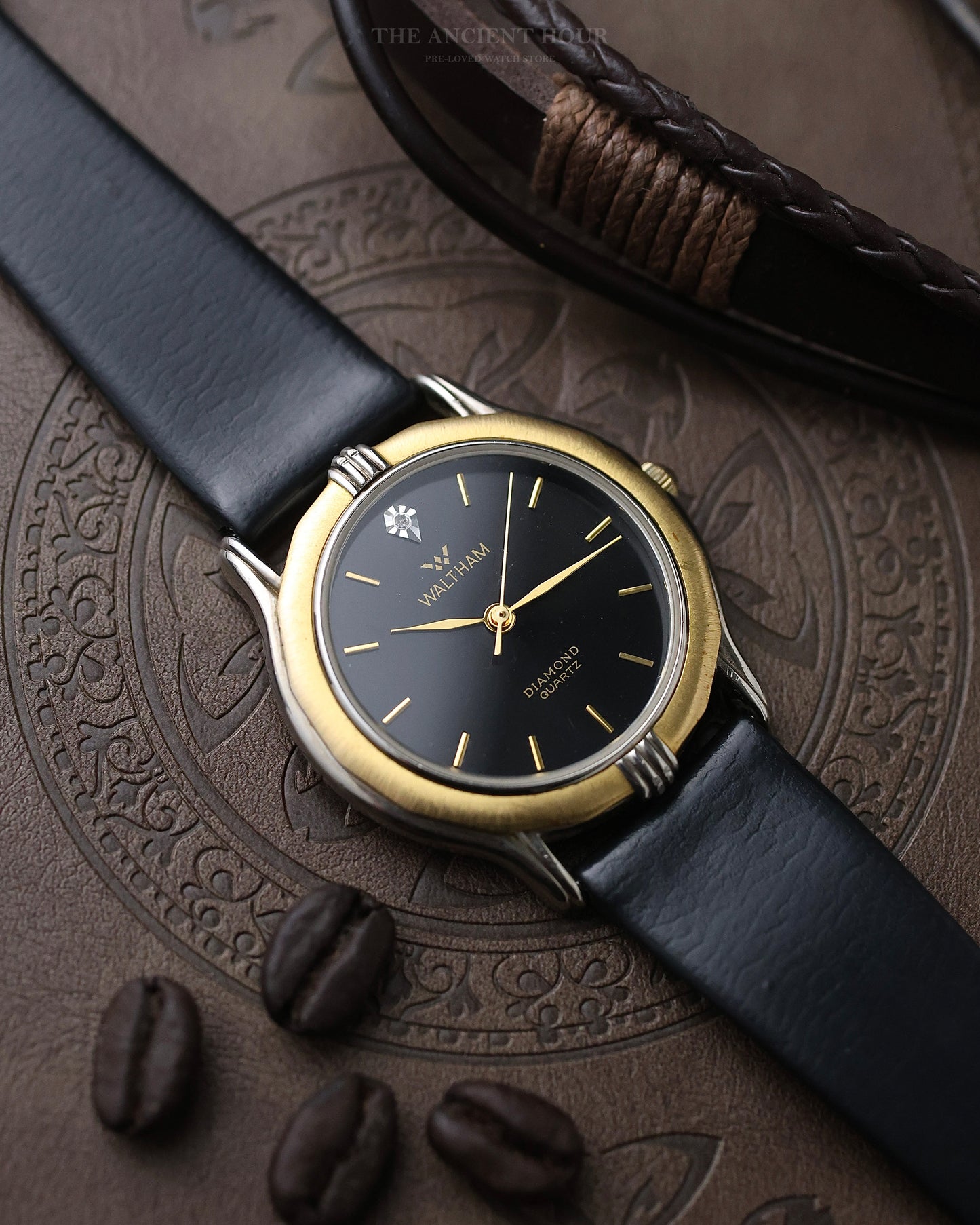 VINTAGE WALTHAM DIAMOND QUARTZ BLACK DIAL TWO-TONE DRESS WATCH