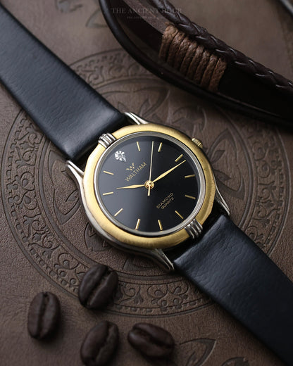 VINTAGE WALTHAM DIAMOND QUARTZ BLACK DIAL TWO-TONE DRESS WATCH