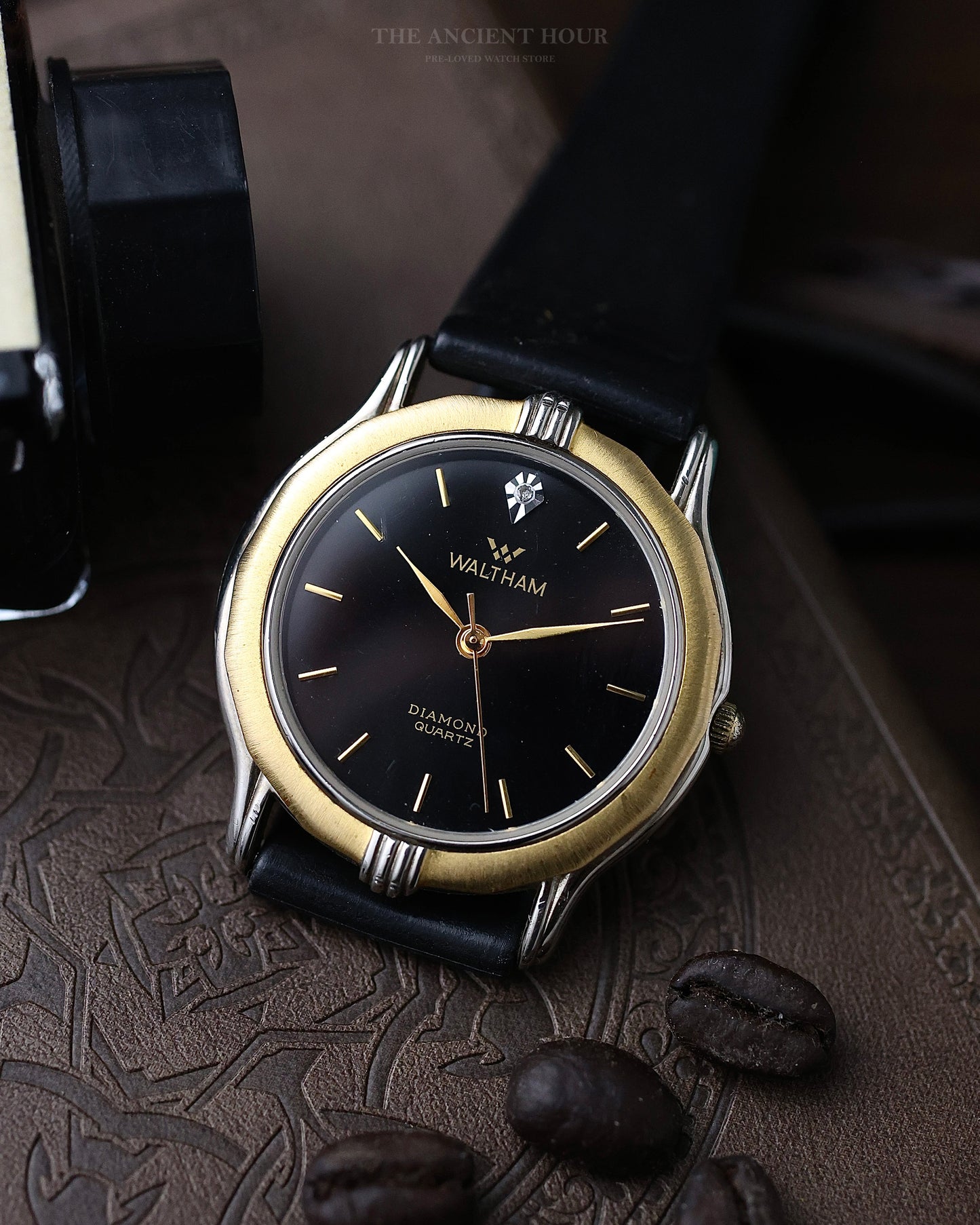 VINTAGE WALTHAM DIAMOND QUARTZ BLACK DIAL TWO-TONE DRESS WATCH