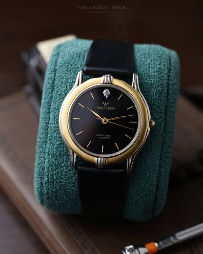 VINTAGE WALTHAM DIAMOND QUARTZ BLACK DIAL TWO-TONE DRESS WATCH