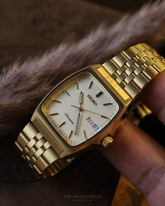 Seiko Chronos Tonneau Tank 5H23-5110 Radiator gold textured dial watch
